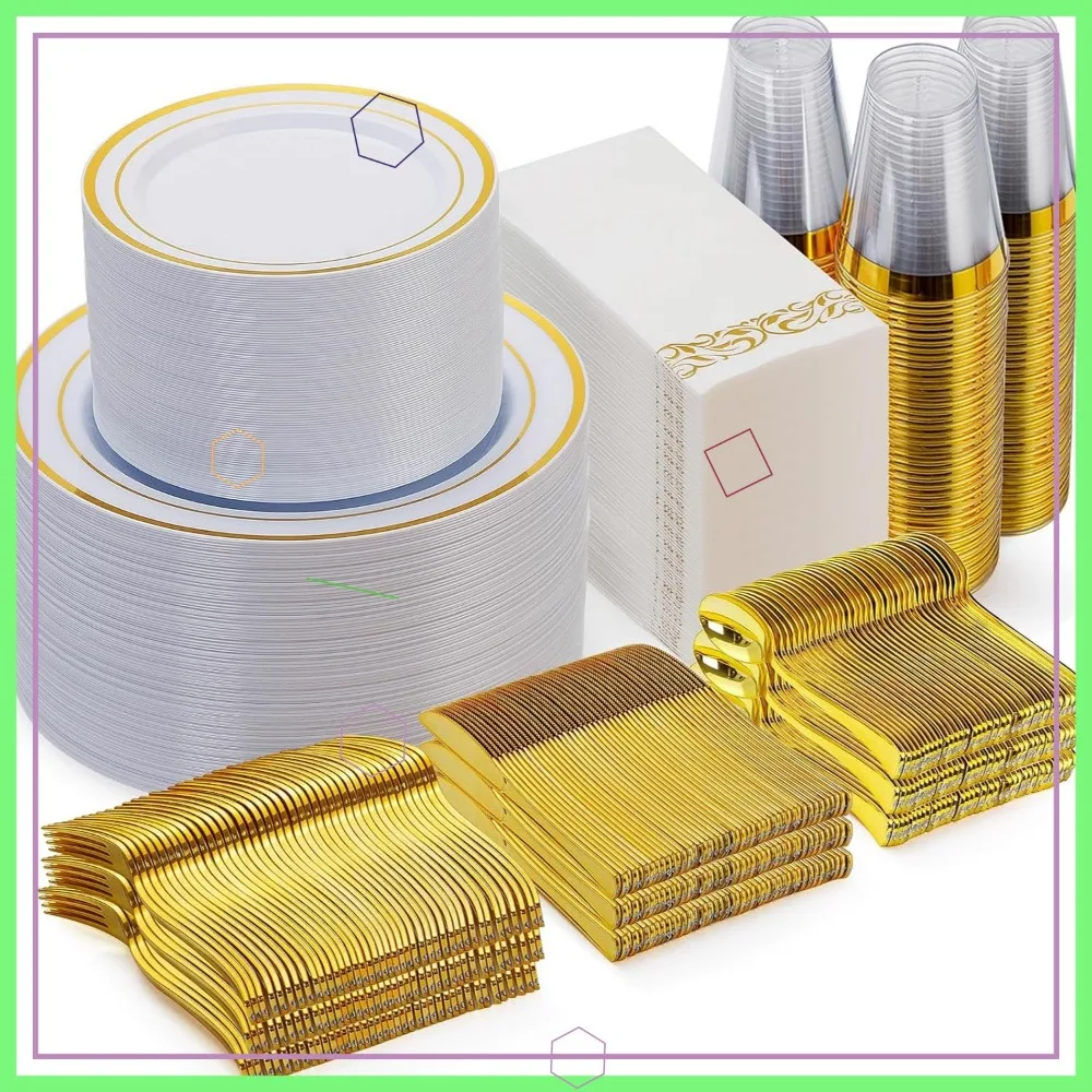 

700-Piece Gold Disposable Dinnerware Set for 100 Guests, Includes Plates, Cups, Napkins & Silverware