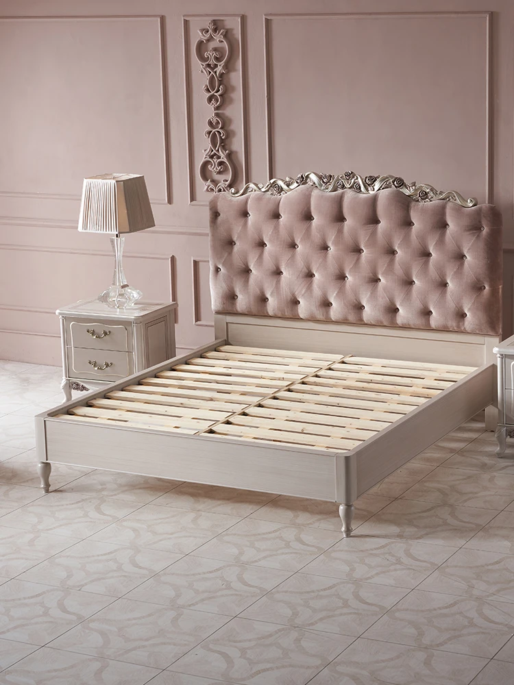 Palace French Furniture European Villa Buckle Solid Wood Fabric Bed Bedroom Retro Carved Princess Bed