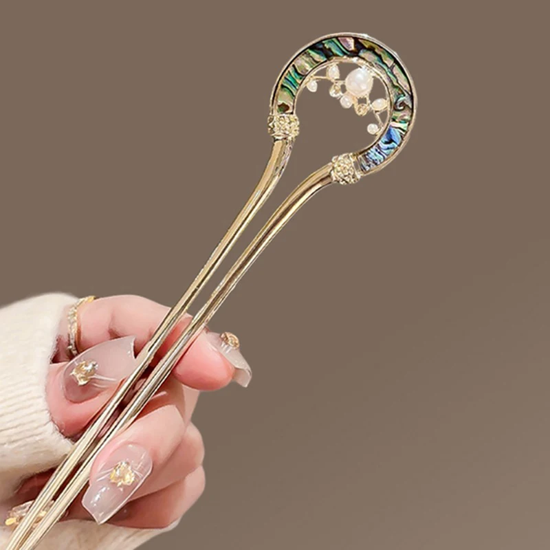 Pearl Metal U Shape Hair Stick Retro Blue And White Porcelain U-shaped Hanfu Hairpin Hair Accessories