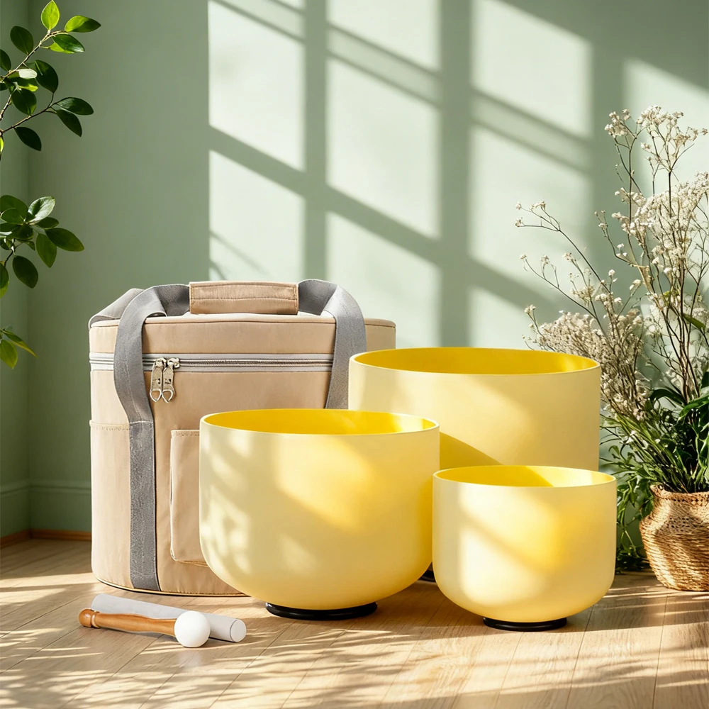 Hye-eun 8-12inch Yellow 3pcs 440hz/432hz Quartz Crystal Singing Bowl Set with Bag for Energy Healing Sound Bowls Meditation Set