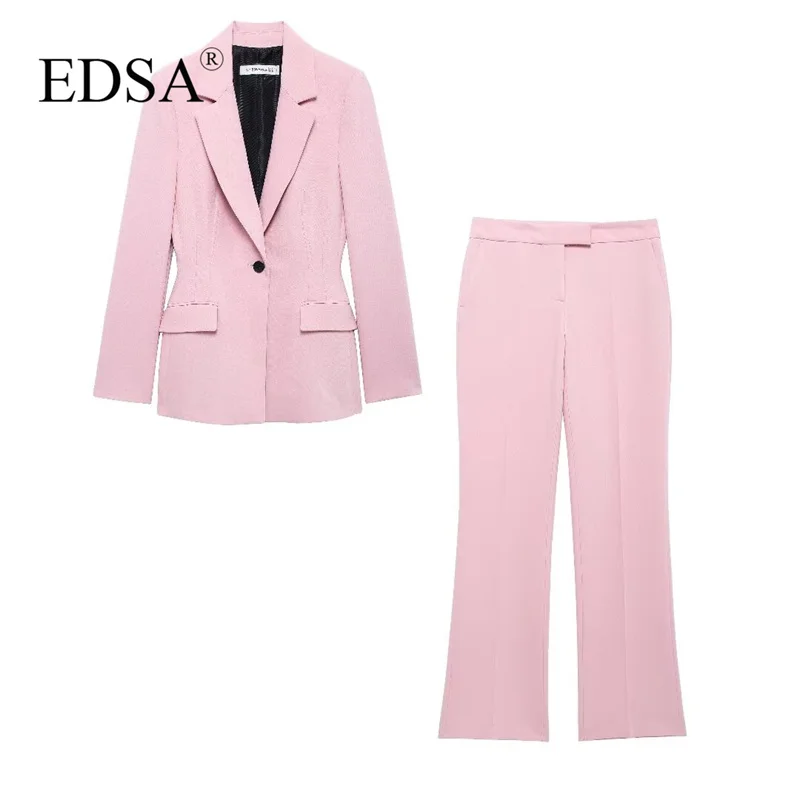 EDSA Women Pink 2 Pcs Pants Set Single Button Blazer Jacket with Flap Pockets & High Waist Straight Flare Trousers Office Lady