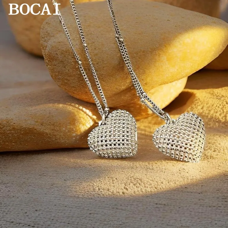 

BOCAI S925 чистый серебряный простой и персонализированный тканый кулон с выдолбленным сердцем женский подарок