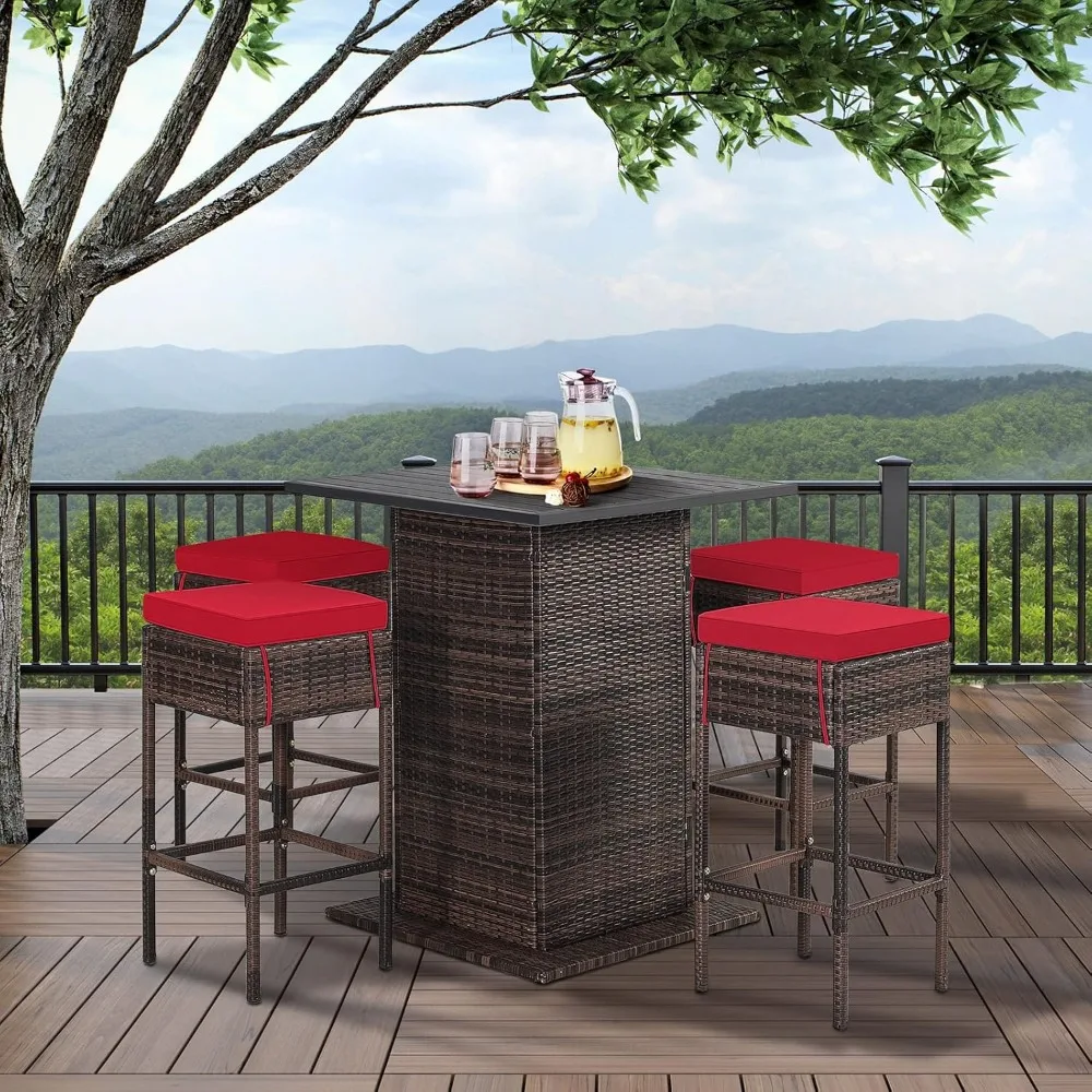 5-Piece Outdoor Bar Set, Wicker Rattan Bar Height Patio Set w/4 Cushion Bar Stools & Table with Hidden Storage