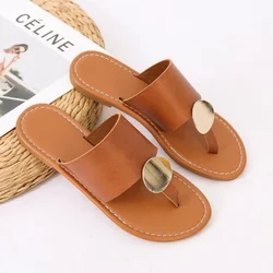 Women Leather Summer Sandals Shoes Retro Thin Straps Open Toe Beach Slides Flat with Woman Sandals Plus Size Female Footwear PU