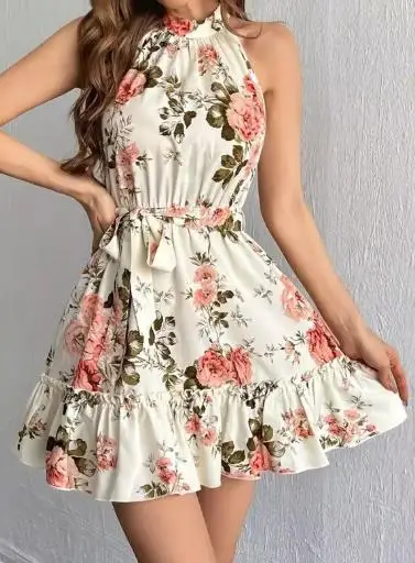 

Casual Dresses for Women 2025 Summer New Elegant Floral Printed Lace Up Sleeveless Casual Daily High Waist Mini Dress