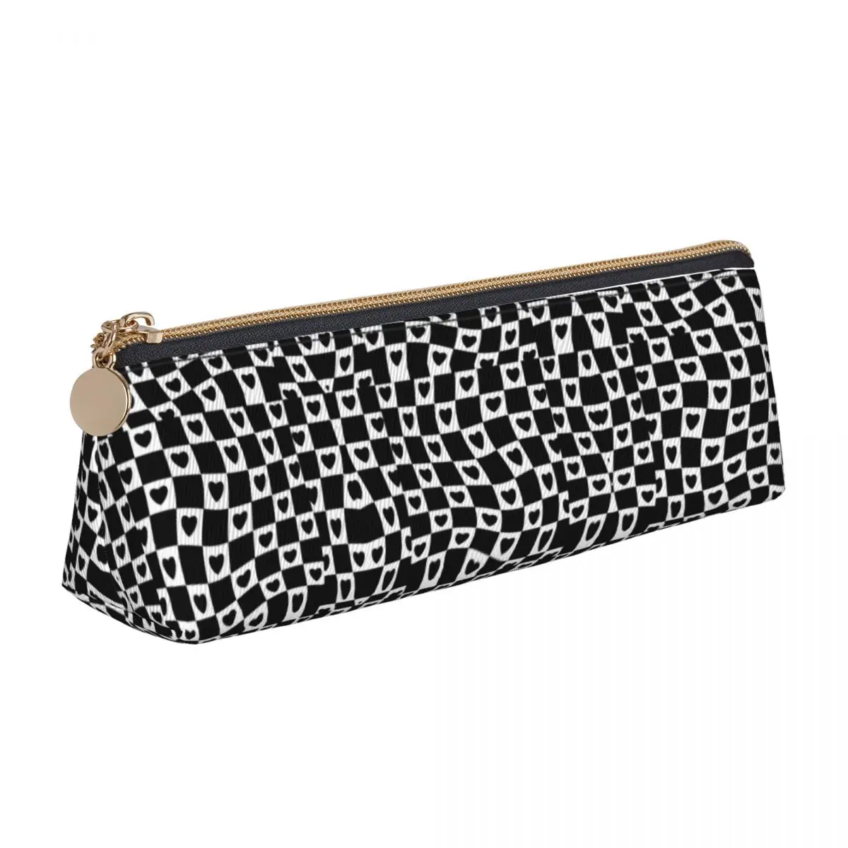 Federmäppchen mit Herz-Karomuster, schwarz-weißes PU-Leder, Stiftbox für Studenten, schöne tragbare Federmäppchen für die Schule, Schreibwaren-Organizer