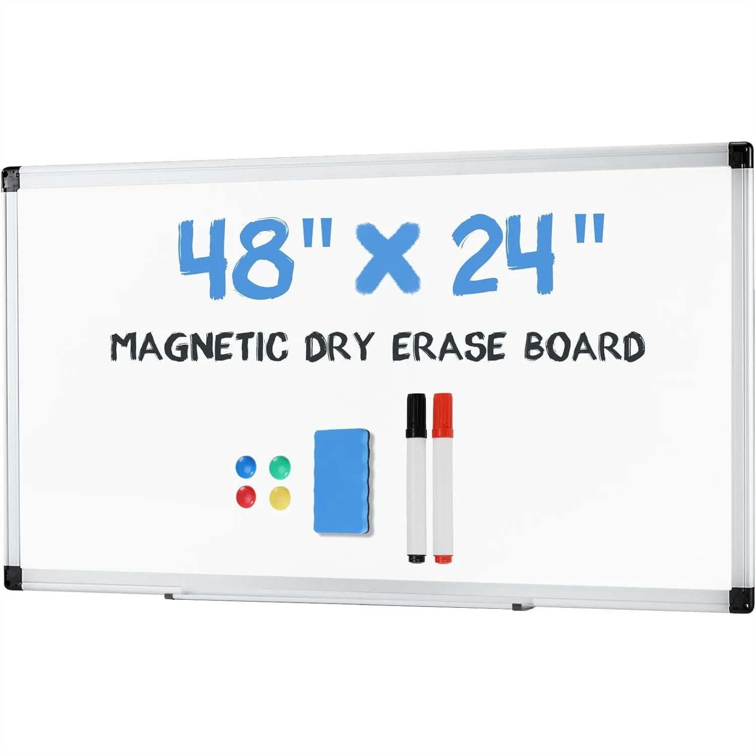 

48x24 Magnetic Dry Erase Board with Eraser, Markers & Pins, Silver Aluminum Frame for Home School Office