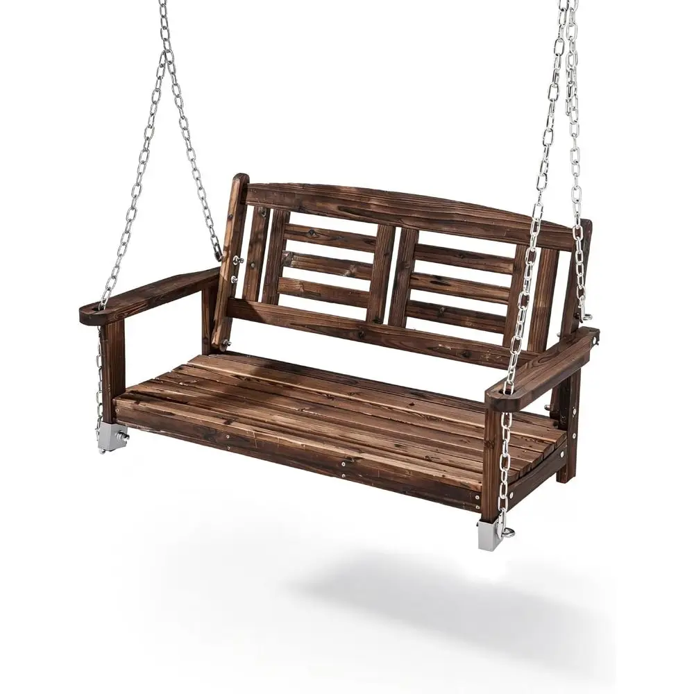 

44 Durable Wood Patio Swing with Hanging Chains, Reclined Backrest for Garden, Yard, Balcony - 600 lbs Capacity (Carbonized)