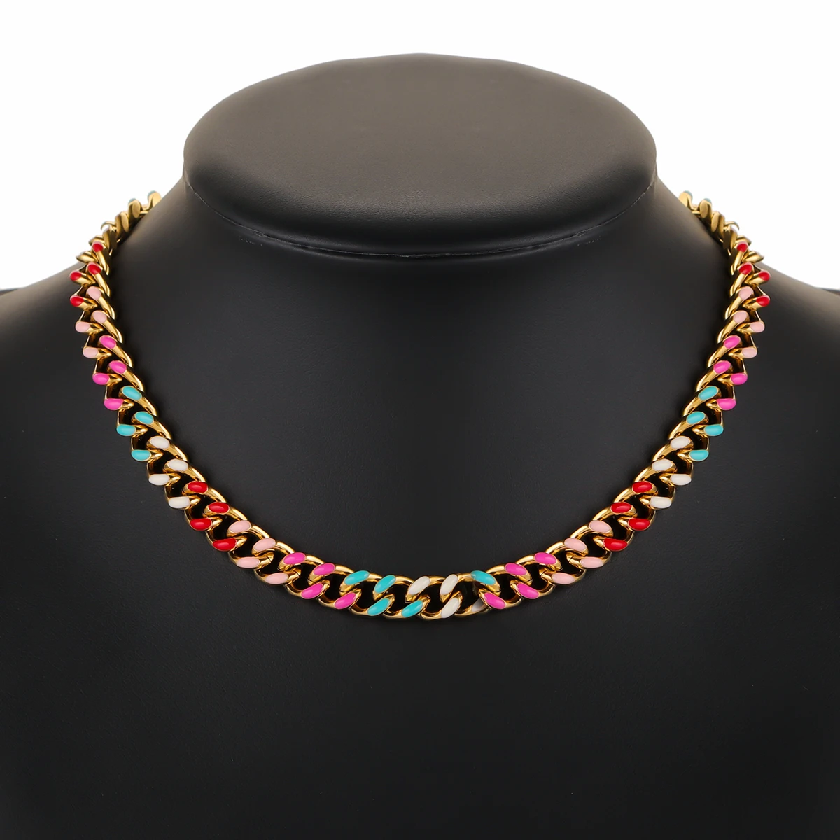 Jolivie Stainless Steel Enamel Necklace Colorful Cuban Chain Choker Necklaces For Women Daily Fashion Waterproof  Jewelry Decor