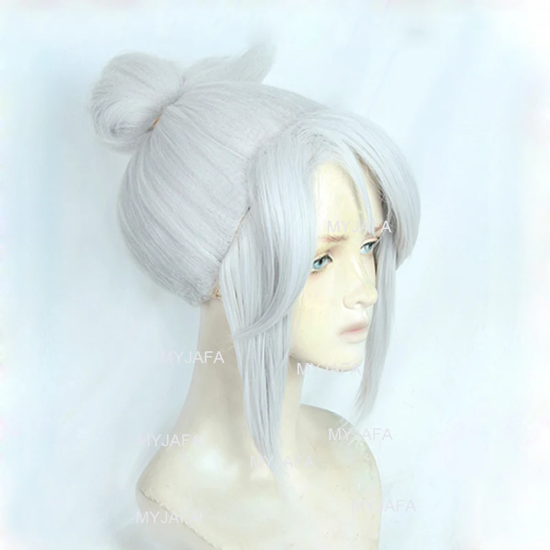 Jett Cosplay Wig Game Valorant Jett Silver White With Bun Short Heat Resistant Synthetic Hair Anime Wigs + Wig Cap