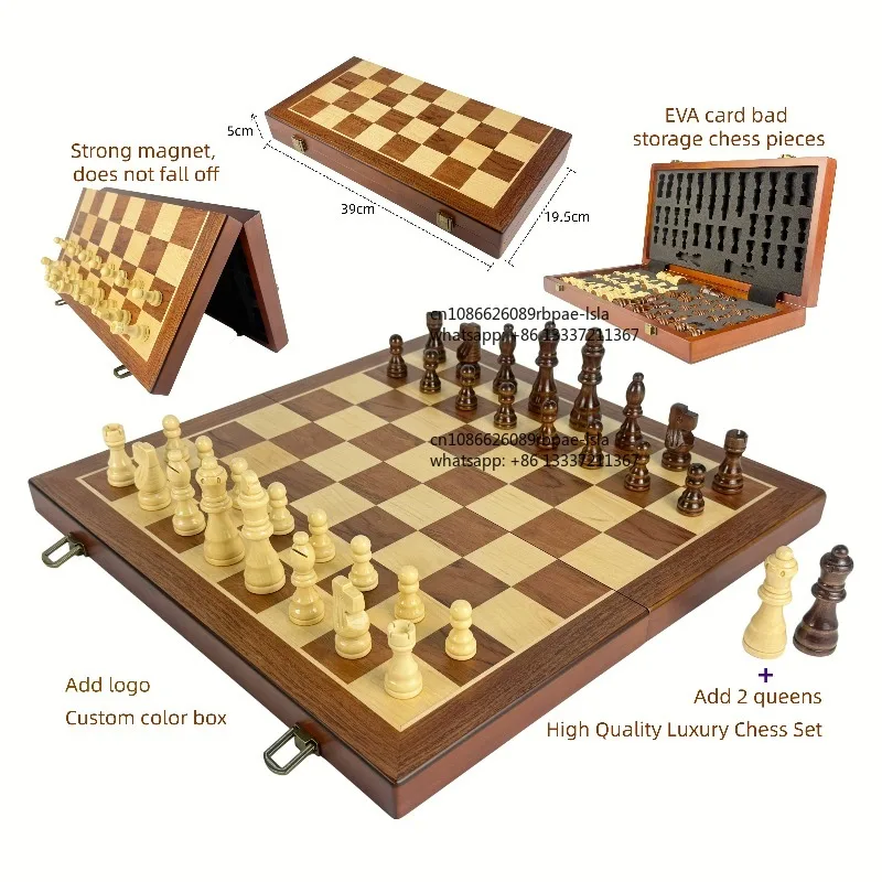 New Design 15 Inch High Quality Portable Foldable Luxury Wooden Magnetic Chess Set with Chess Box for Children Indoor Use