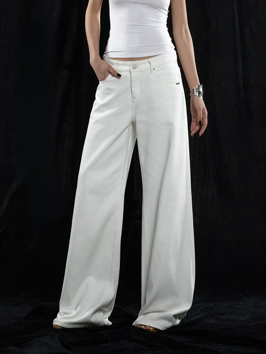 

Ourhour White Loose Wide Leg Denim Pants Women's Casual Long Trousers Folded Ba ket Design Spring Faion Loose Fit Jeans