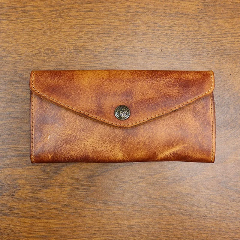 

Кожаный кошелек-конверт ручной работы для женщин, кожаный клатч растительного дубления, кошелек для телефона с держателем для карт, женский