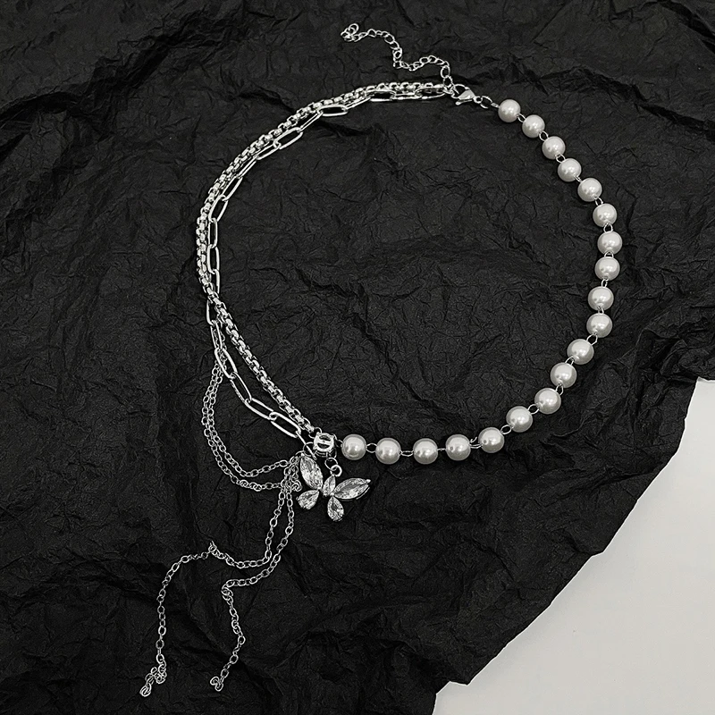رائعة متعددة الطبقات اللؤلؤ سلسلة الترقوة لامعة كريستال فراشة قلادة القلائد للنساء 2022 الاتجاه الجمالية مجوهرات