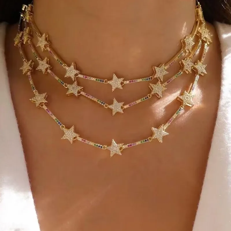 New Fashion Geometric Star Northstar CZ Bar Tennis Link Chain Choker Necklaces For Women Geometric Charm Delicate Christmas Gift