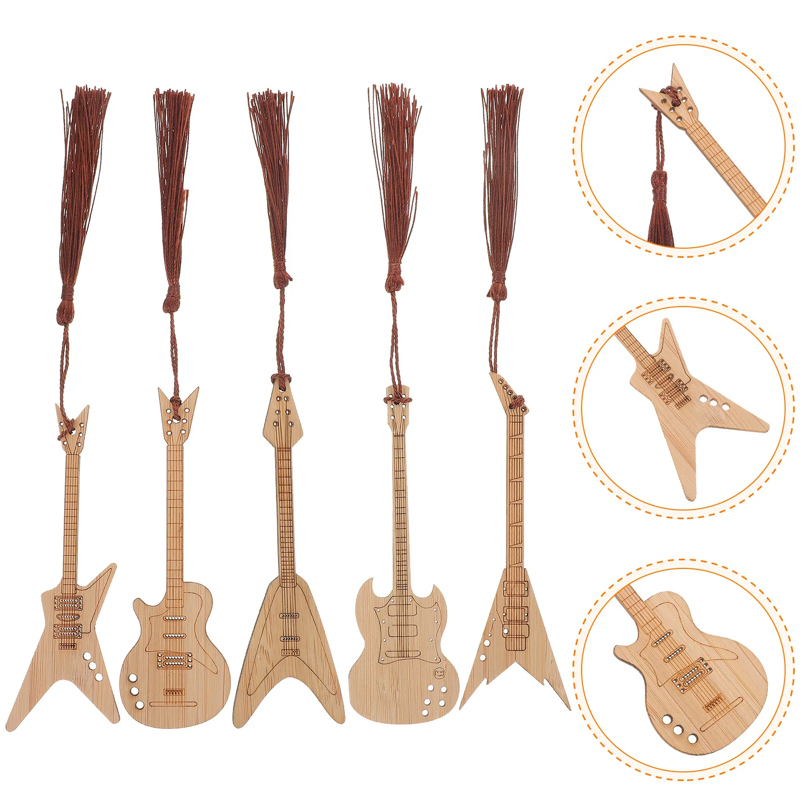5Pcs Bamboo Guitar Shape Bookmarks Decorative Book Page Markers Unique Tassel Design Reading Gifts Guitar Modeling Bookmarks