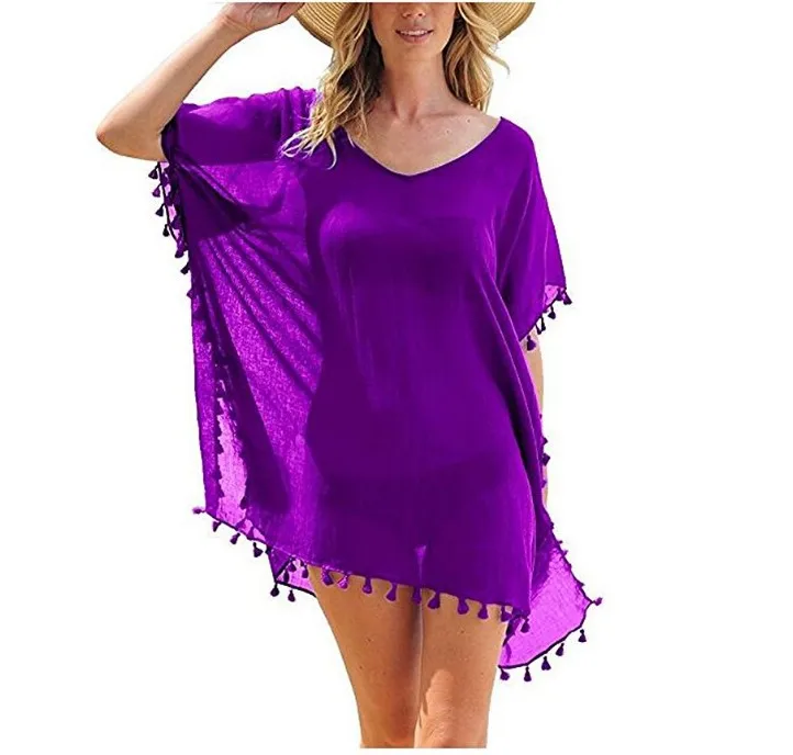 2023 Chiffon Tassels Beach Wear Women Swimsuit Cover Up Swimwear Bathing Suits Summer Mini Dress Loose Solid Pareo Cover Ups