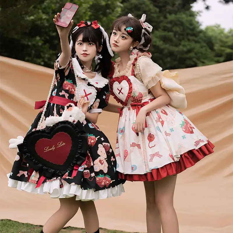SOIOMES diseño Original dulce fresa oso impreso Lolita muñeca cuello borde con volantes JSK vestido de tirantes verano