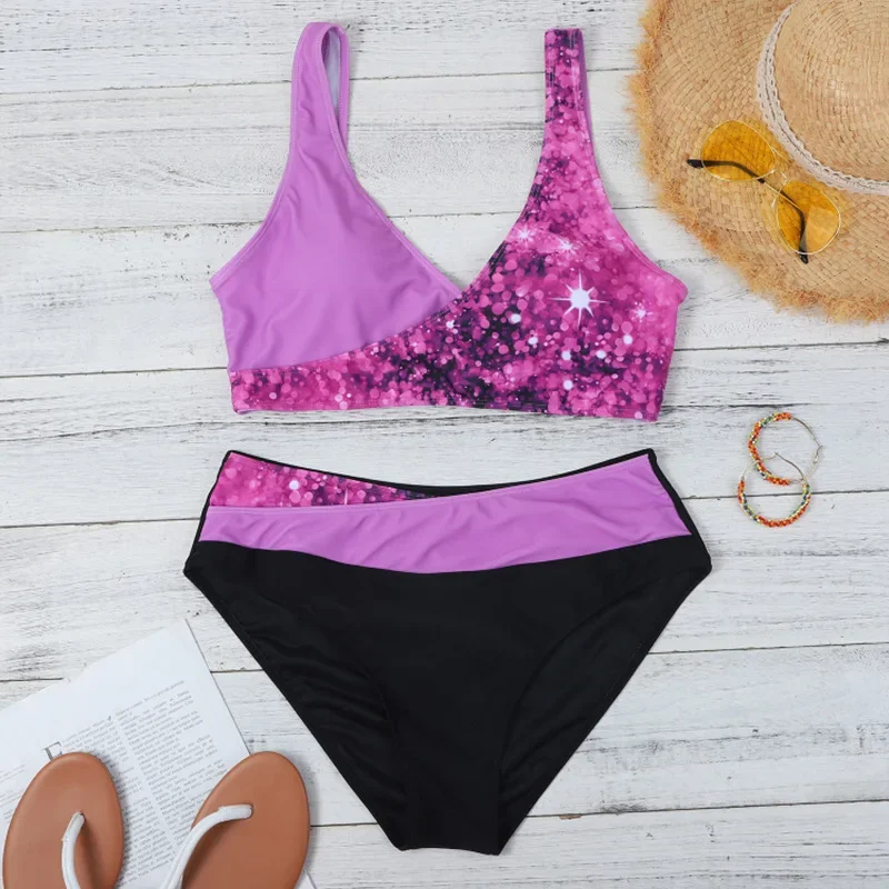 المرأة تألق المطبوعة الترتر مجموعة البكيني مثير قطعتين ملابس السباحة لامع شين عالية الخصر أسفل و رفع أعلى مثير الصيف