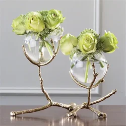Glass Vase with Golden Branches, Transparent Brass Bracket, Home Decoration flower vase, Tabletop Flower Arrangement Accessories