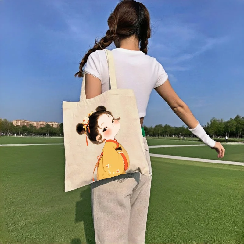 

1pc Chinese Style Cute Hanfu Girl Print Canvas Tote Bag Double-Sided Eco Shoulder Bag Casual Handbag