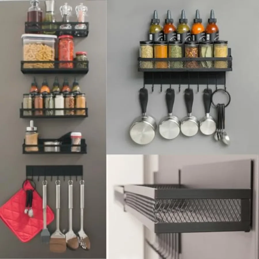 

SPICE FLOAT Magnetic Spice Organizer Racks - 4 Premium Metal Racks + 1 Hanging Hook Bar Kitchen Shelf - Seasoning Organizer For