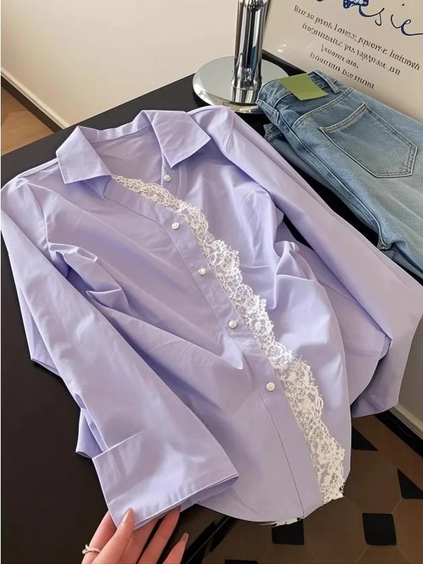 

Loose Ne irt Women's Purple Lace Patchwork Top Spring Design Sense Early Spring Loose Fit Ladies' Premium irt