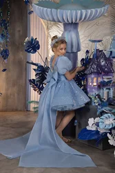 Luxury haute couture new sweet handmade sequin bubble sleeves sky blue small trailing runway dress elegant girls' Christmas dres