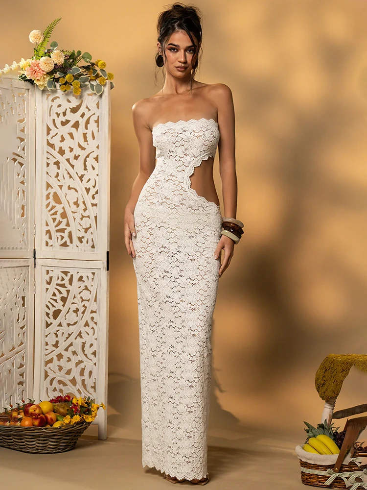 Off-shoulder Backless Sexy Maxi Dress Women Lace Strapless Sleeveless Hollow Out Skinny Club Party Long Dress Elegant