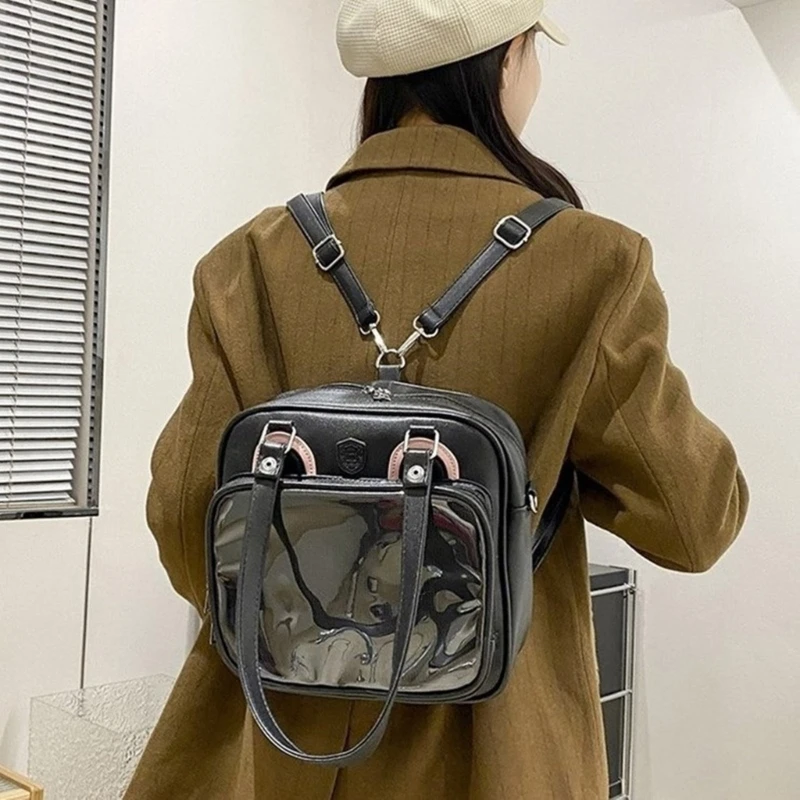 Teen Girls JK Uniform Shoulder Bag Women Large Capacity PU Leather Square Handbag with Removable Shoulder Strap School Rucksack