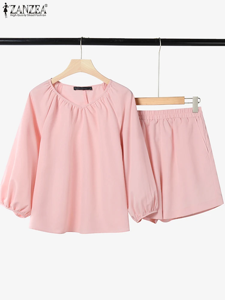 

ZANZEA Women Fashion 2PCS Short Sets Solid V-Neck 3/4 Sleeve Tops Holiday Casual 2 Pieces Outfits Elastic Waist Shorts Suits