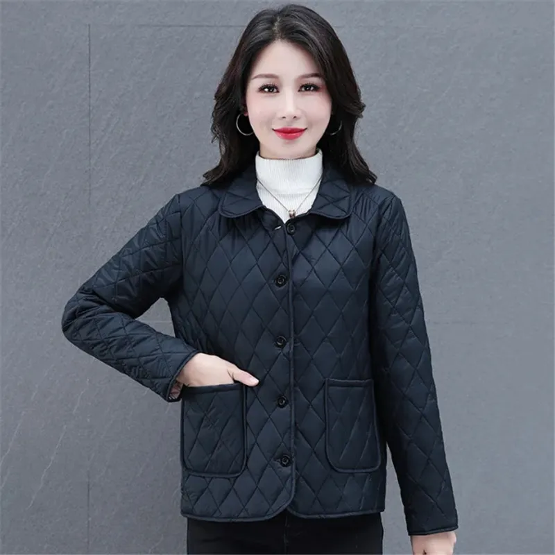 Autumn Winter Short Down Cotton Coat 2023 New Loose Turndown Collar Plaid Outerwear Pure Colour Single-Breasted Jacket Female