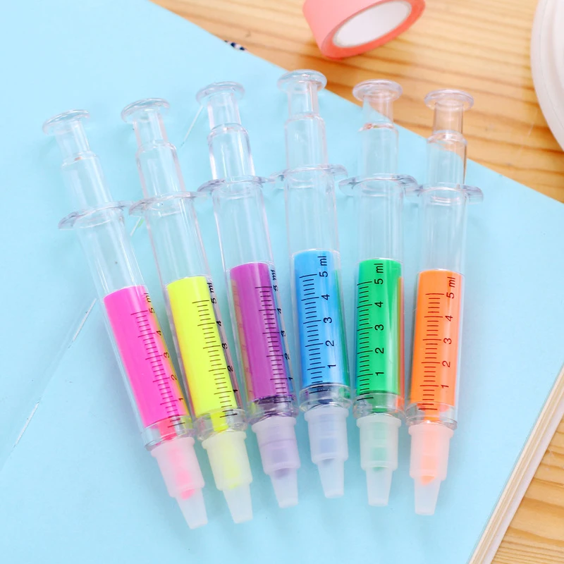 6 Pcs/Set Kawaii Syringe Fluorescent Highlighter Pen Markers Pastel Drawing Pen for Student School Office Supplies Stationery