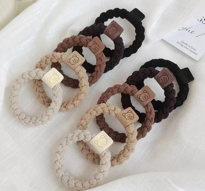 New Women Cute Little Bear Plush Hair Ring Girl\'s Curly Hair Rope Khaki Fashion Lovely Hair Circle Hair Tie Headwear Accessories