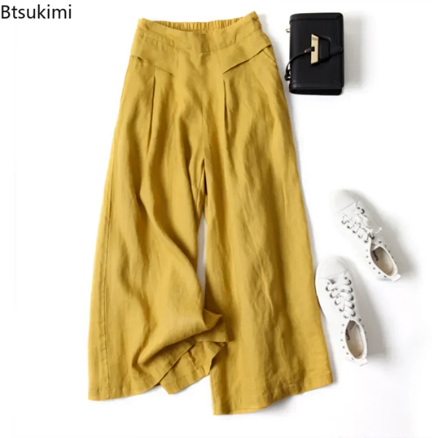 2025 Women's Casual Cotton Linen Wide-leg Pants Skirt Pants Loose Half Elastic Waist Slim Pants Women Streetwear Women Trousers