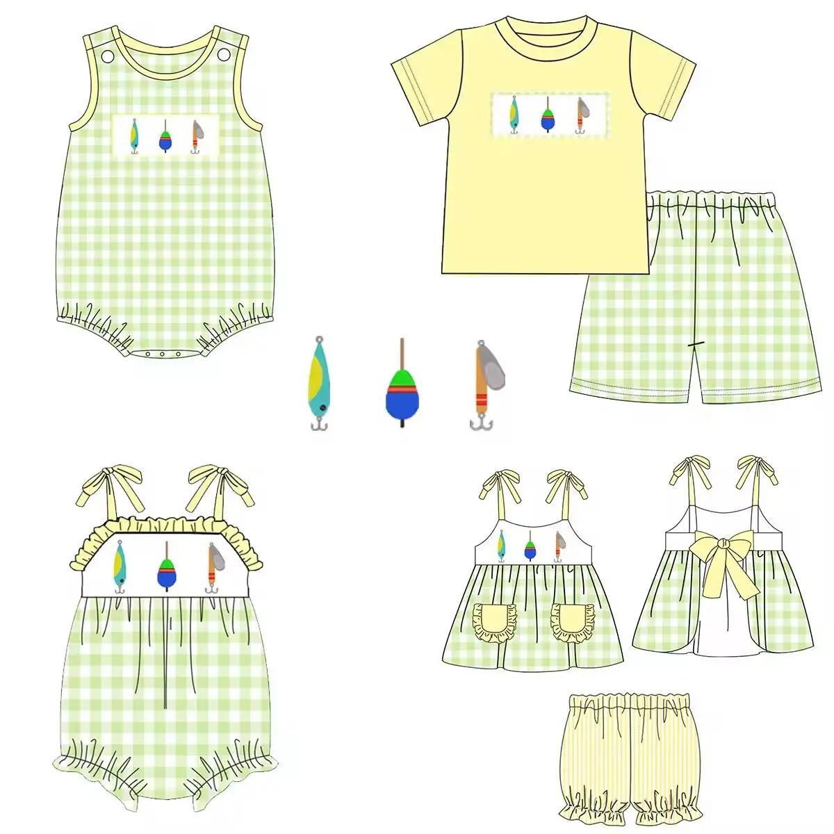 

Hot selling children summer suit boys sleeveless Romper green plaid design girls suspender clothes custom milk silk wholesale