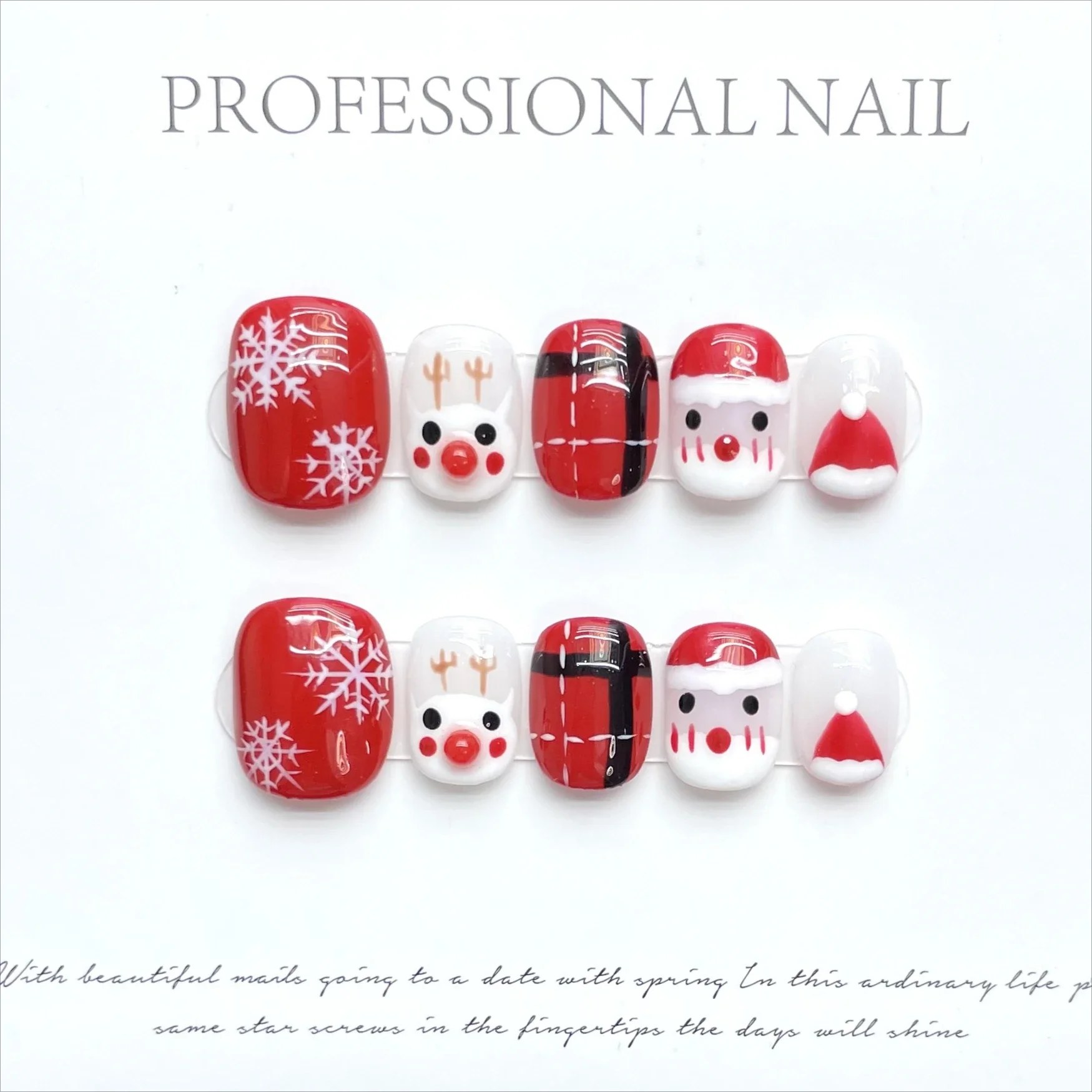 24Pcs Christmas Press on Nails Snowflake Elk Bow False Nail with Glue New Year Acrylic Nails Short Square Cute Fake Nail Tip Art