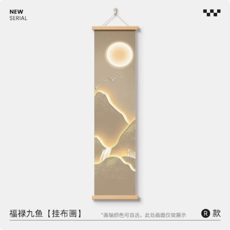 Wall Art Nine Koi Fish and Golden Water Modern Luxe Pearlescent Canvas Hanging Scroll with Wooden Rods for Living Room