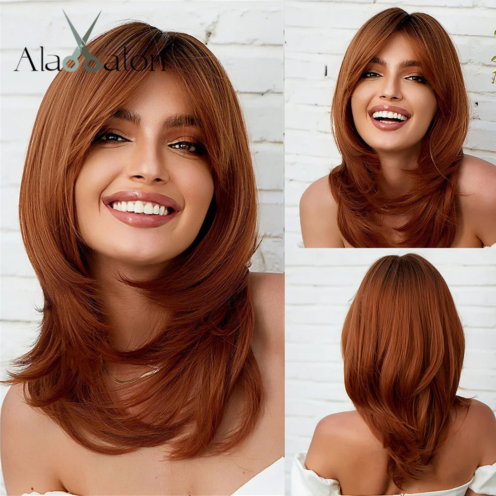 

ALAN EATON Auburn Synthetic Hair Wig for White Women Long Layered Ginger Wigs with Bangs Natural Daily Use Heat Resistant Fiber