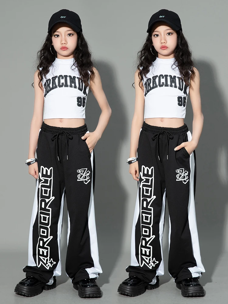 Kids Jazz Dance Clothes Girls Vest Black Pants Sleeveless Concert Performance Suit Hip Hop Dance Costume Street Wear BL11052