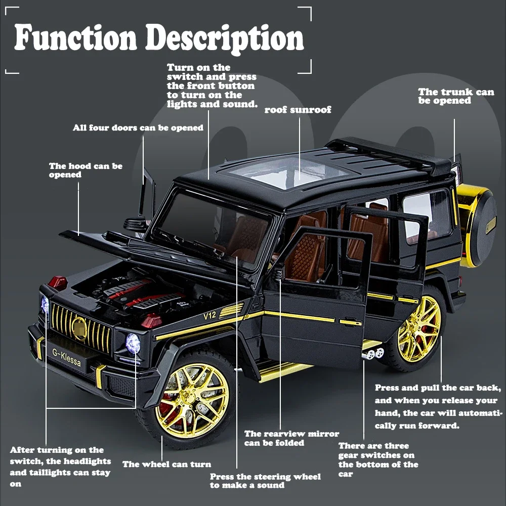 AMG G63-子供用合金ダイキャストのおもちゃの車,スケール1:24,ミニチュア金属,音と光,ドアの引き戻し,オープンカー,男の子へのギフト