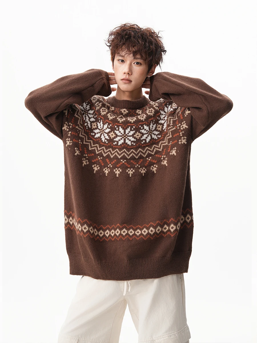 Autumn Winter New American Style Red Warm Round Neck Sweater Men's Retro Atmosphere Loose Casual Brown Knitted Sweater