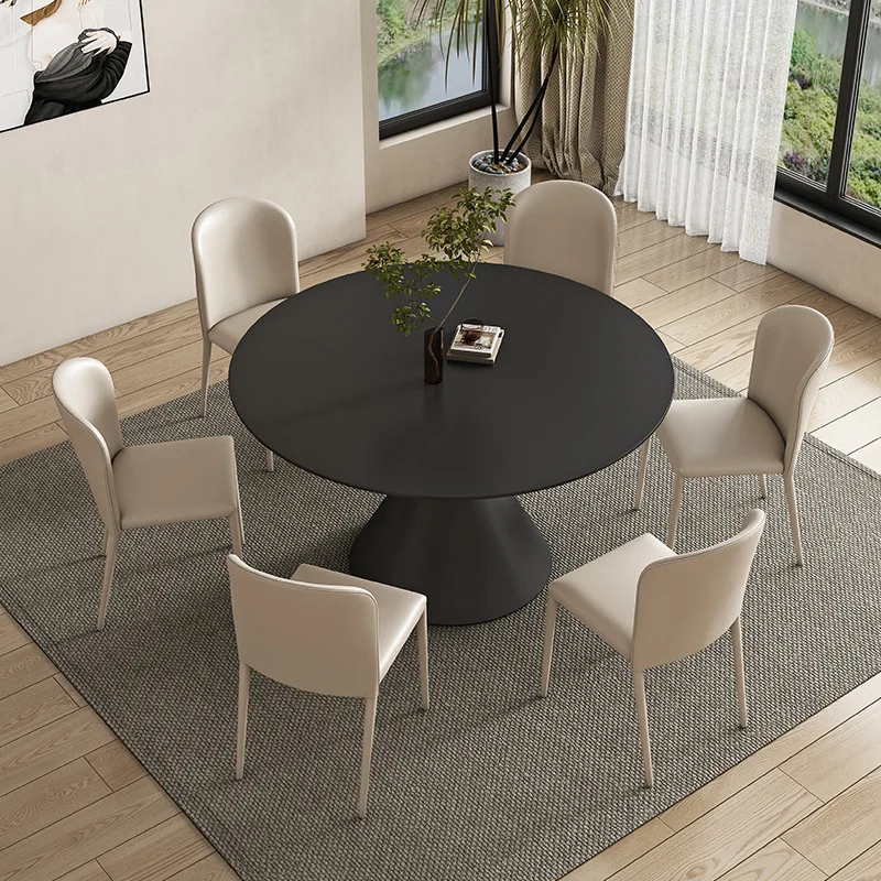 

Modern Minimalist Pure Black Round Rock Slab Dining Table High-end Wabi-sabi Style Upper and Lower Built-in Turntable Smal