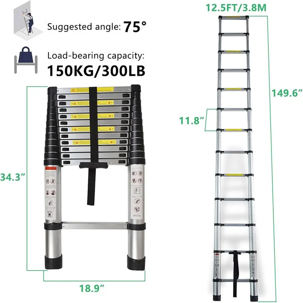 12.5FT Aluminum Telescoping Ladder with One-Touch Retraction and 330lb Load Capacity for Multipurpose Use