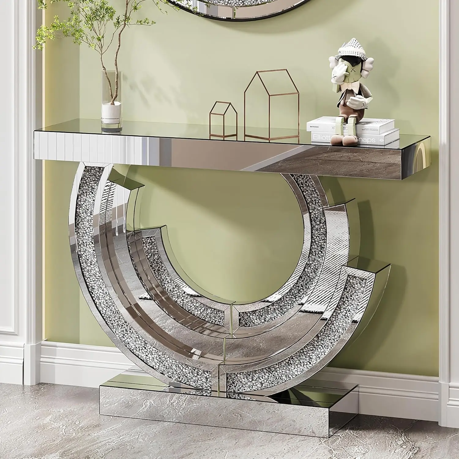 Mirrored Console Table with Crushed Diamond Inlay,Modern Console Table with Diamond Mirror Top, Mirror Entryway, Customized