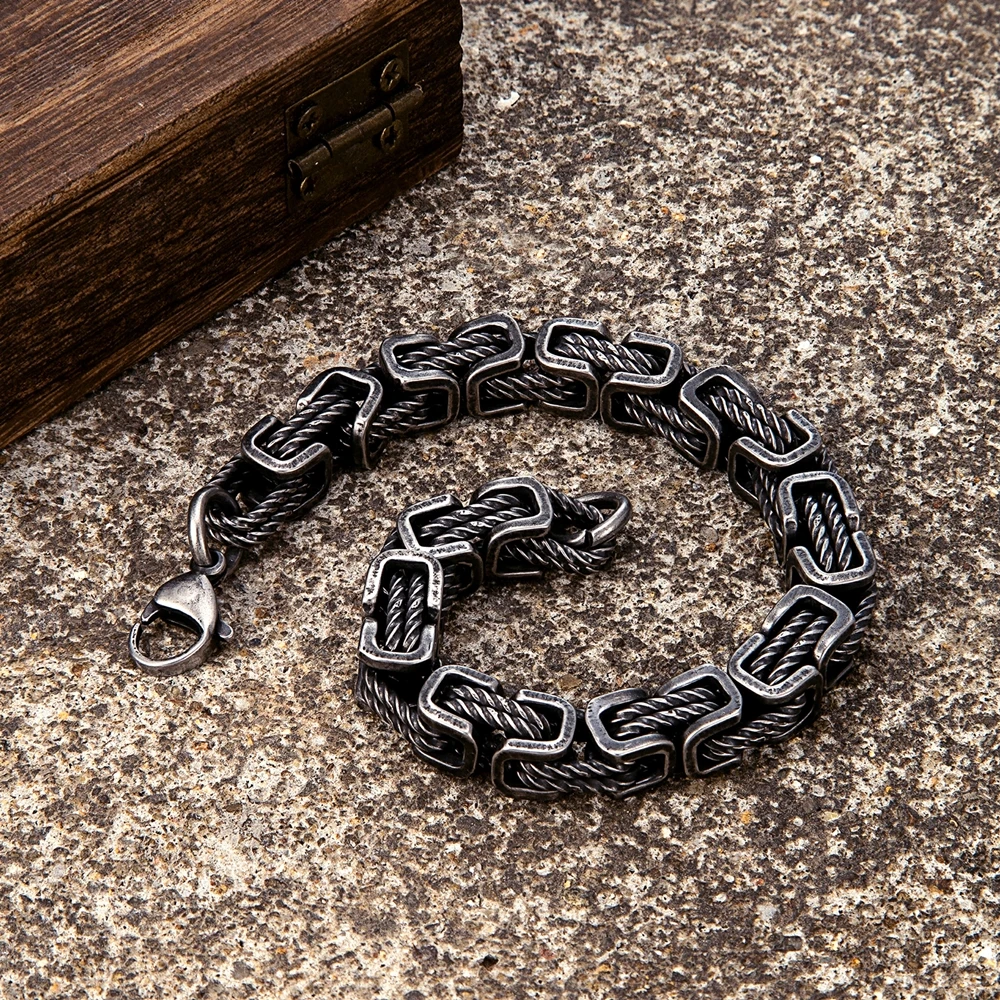 MKENDN Punk Men 316L Stainless Steel Creative Retro Oxidized Black Geometric Byzantine Link Chain Bracelets Motorcycle Jewelry