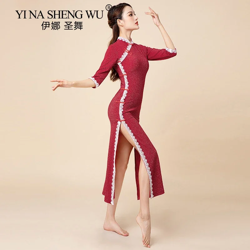 

Classical Dance Was Thin and Split Lace Stand-up Collar Cheongsam Dress Dance Clothes Female Stretch Cheongsam Practice Clothes