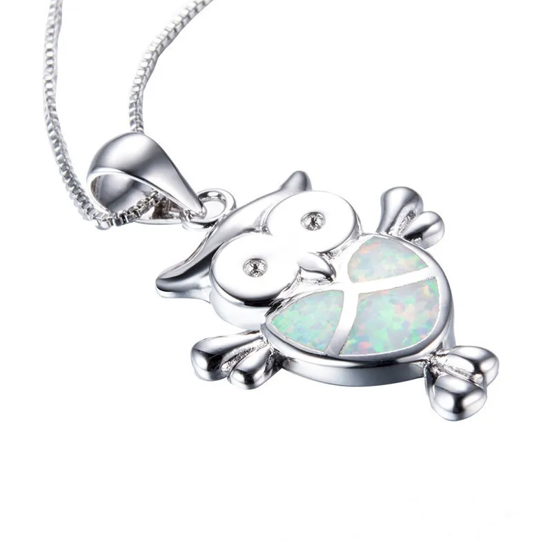 Fashion Lovely Owl Design Silver White Simulated Opal Pendant Necklace Jewelry