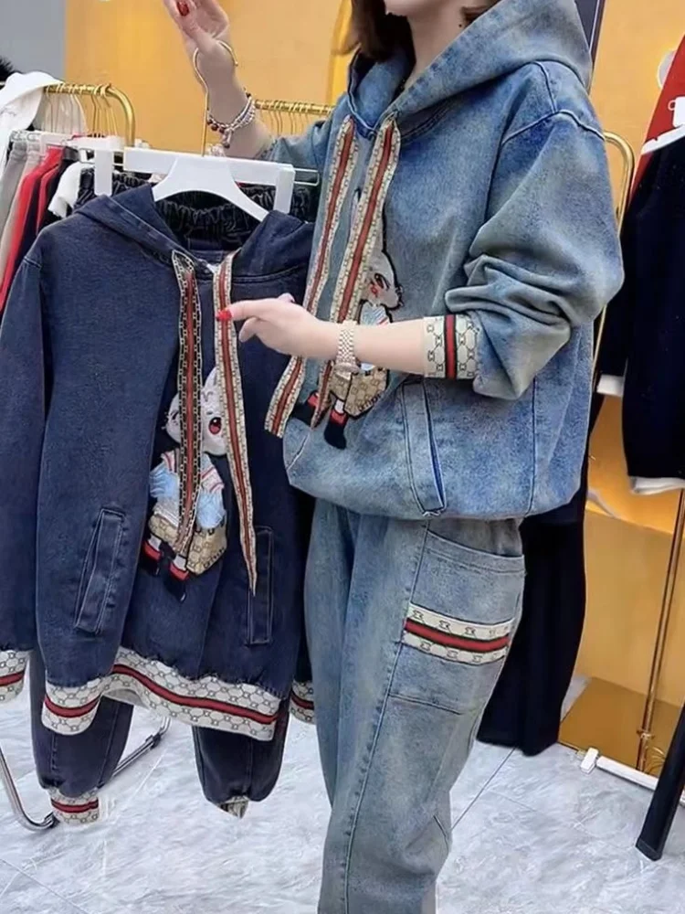 Spring and Autumn New Denim Suit Casual Loose Fashion Hooded Animal Pattern Long Sleeve Shirt and Trousers Office Two-piece Set