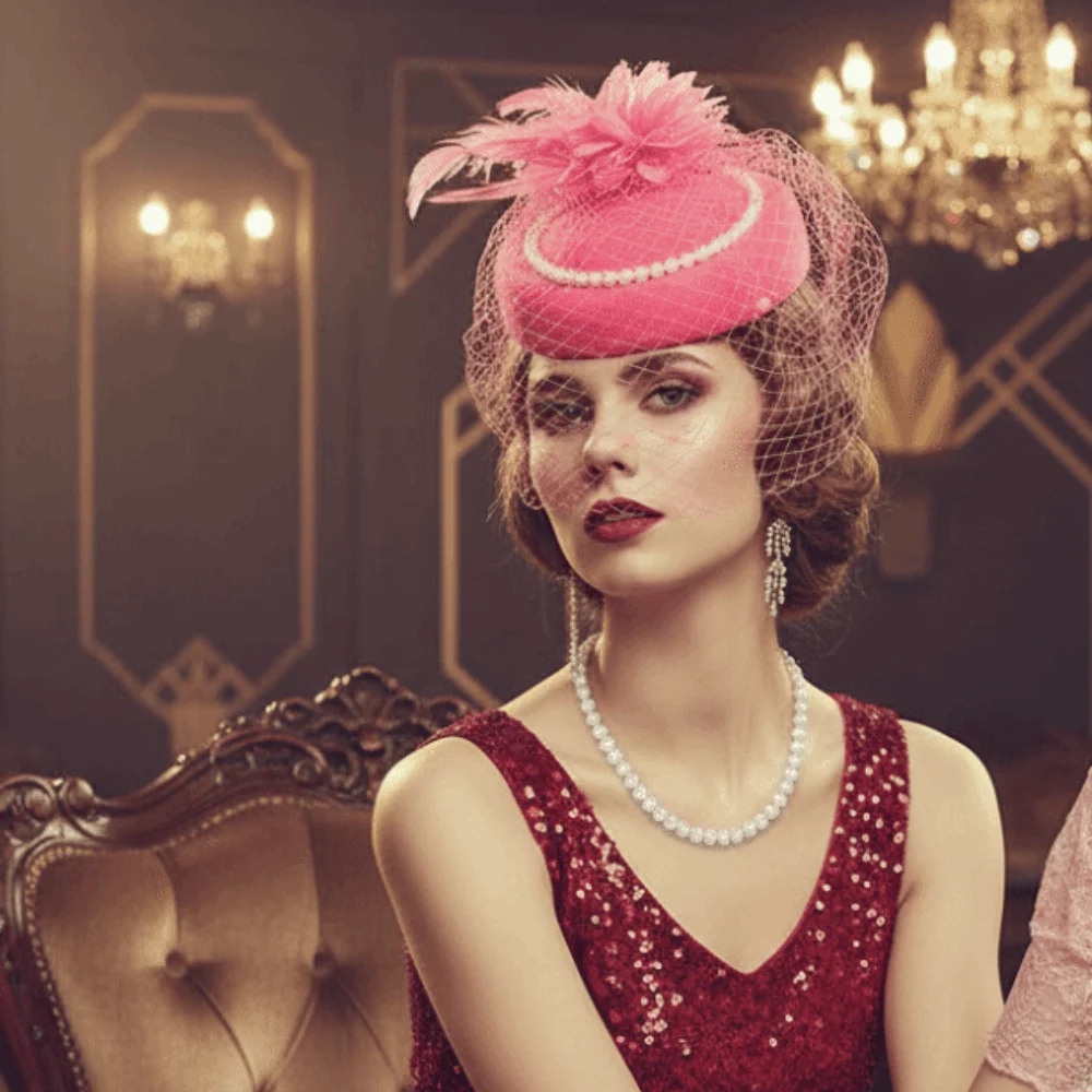 

Party Exquisite Mesh Feather Headband Pearl Elegant Bride Headdress Hair Hoop Top Hat 1920s Hair Accessories Wedding